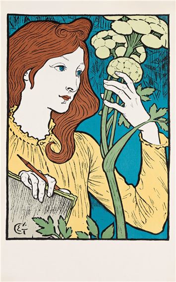 A stylized portrait of a figure with red hair holding flowers and a sketchbook.