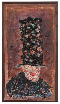 A textured portrait of a figure in a tall top hat against a warm, earthy background.