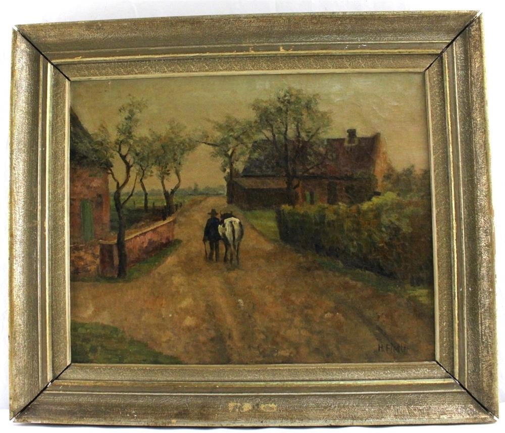Artwork by Hans Fiedler, Bauer mit Kuh auf dem Heimweg, Made of oil on canvas