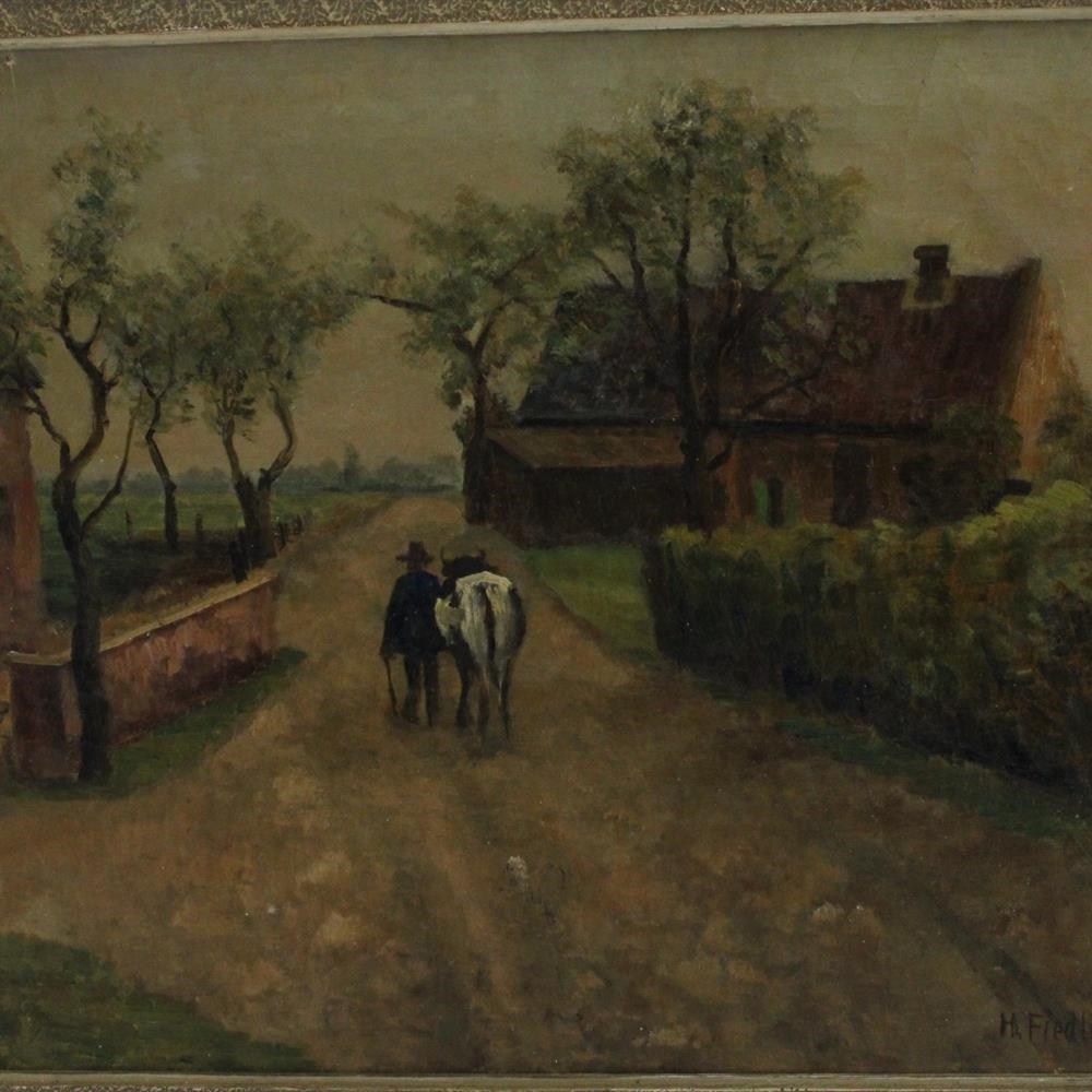 Artwork by Hans Fiedler, Bauer mit Kuh auf dem Heimweg, Made of oil on canvas