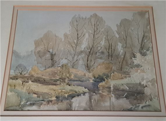 A watercolour of a tree-lined river scene by Thomas Stuart Milner