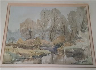 A watercolour of a tree-lined river scene - Thomas Stuart Milner