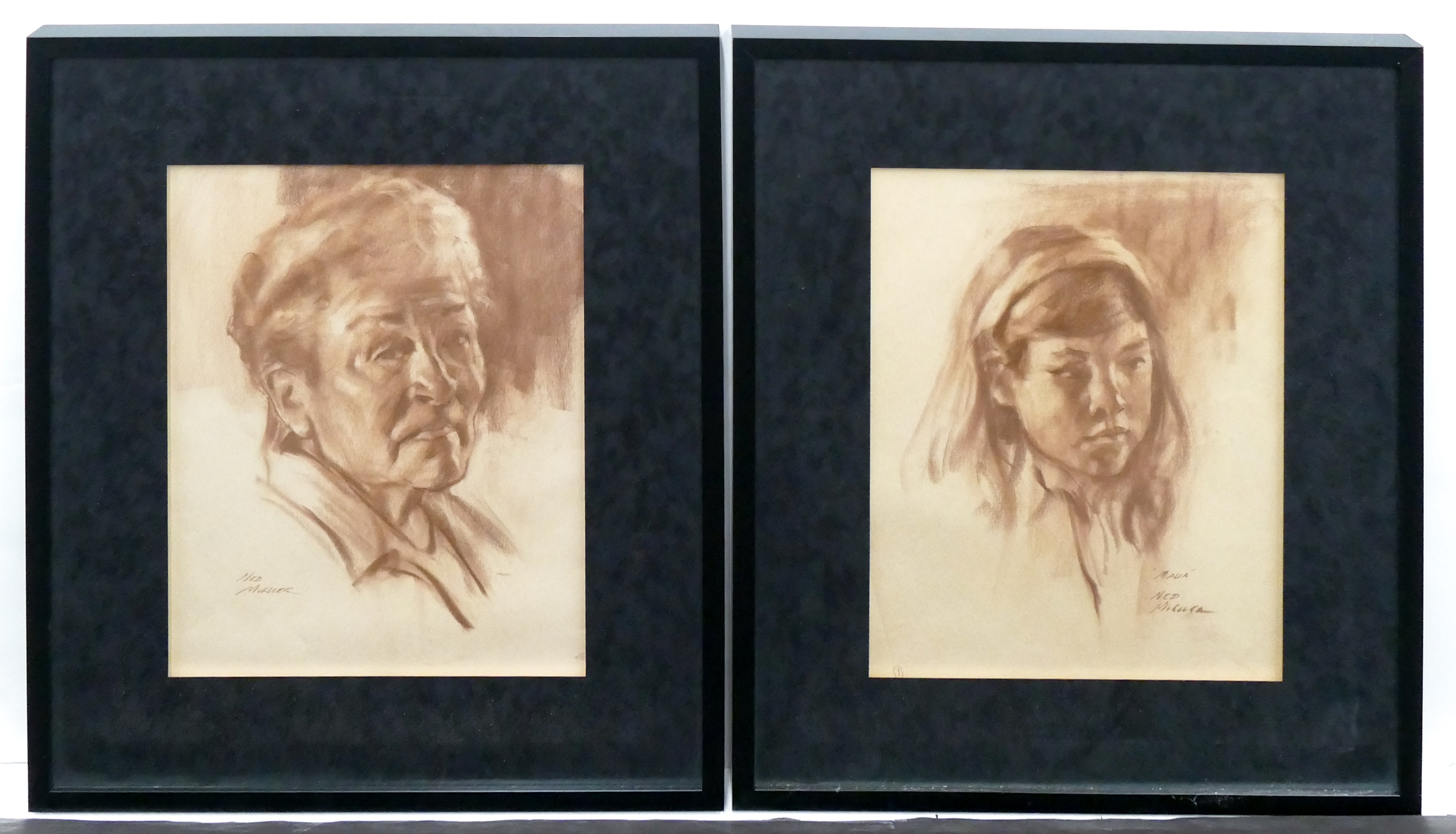 Artwork by Ned Allen Mueller (washington 20th/21st Cent.), 2pc Ned Allen Mueller Portraits Charcoal on Paper, Made of Charcoal on Paper