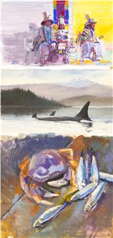 A triptych artwork depicting three distinct scenes: seated figures, an orca whale, and a crab with fish.