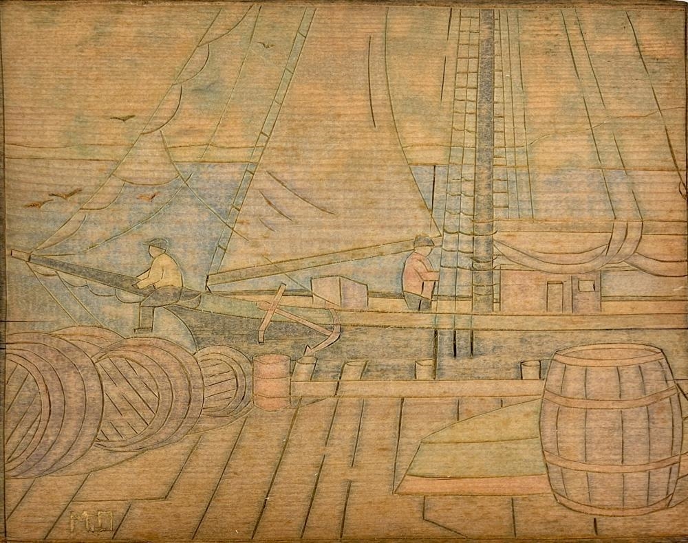 Artwork by Ora Inge Maxim, Fishing Boats Concarneau, Made of White-line printing block