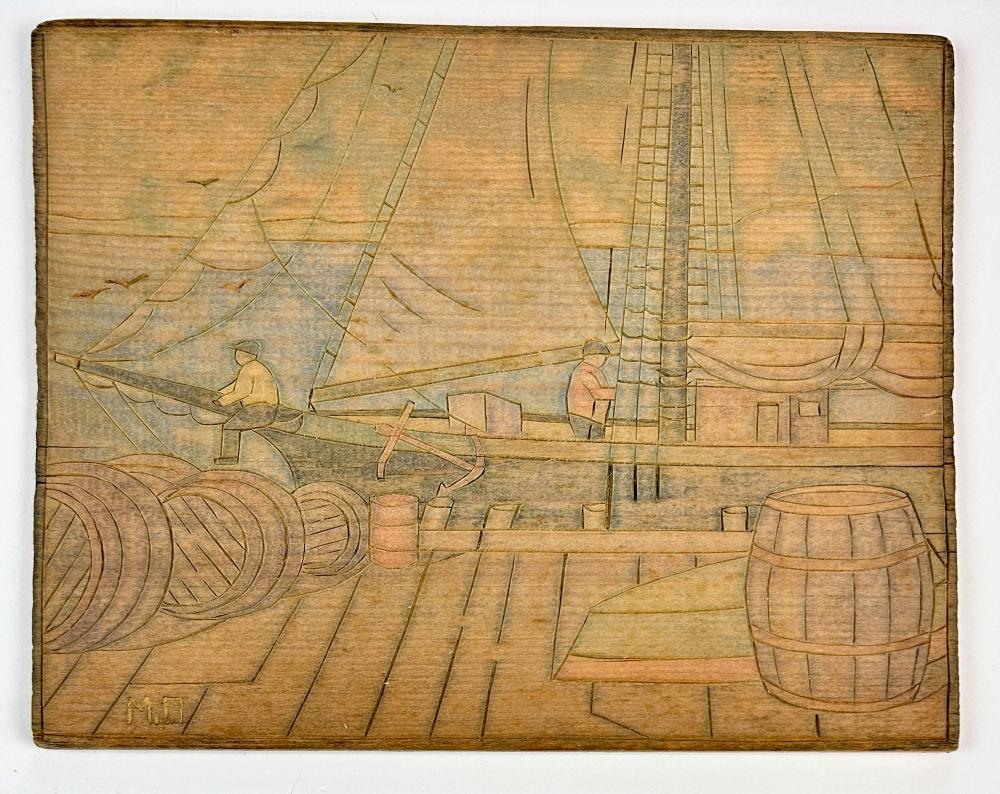 Artwork by Ora Inge Maxim, Fishing Boats Concarneau, Made of White-line printing block