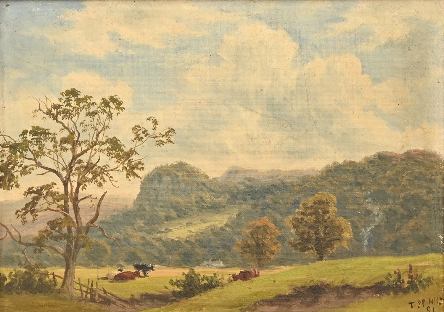 Artwork by Thomas Spinks, Landscape with Cattle, Made of oil on board