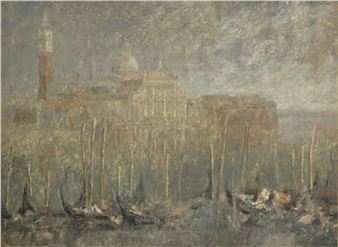 A moody, atmospheric painting of a canal scene with gondolas and distant buildings under an overcast sky.