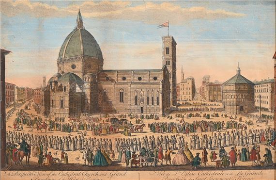Ten vue d'optique - A Prospective View of the Cathedral Church and Grand ion of the Host at Florence, A View of the Hospital and Piazza of St Mary at Florence by Robert Sayer