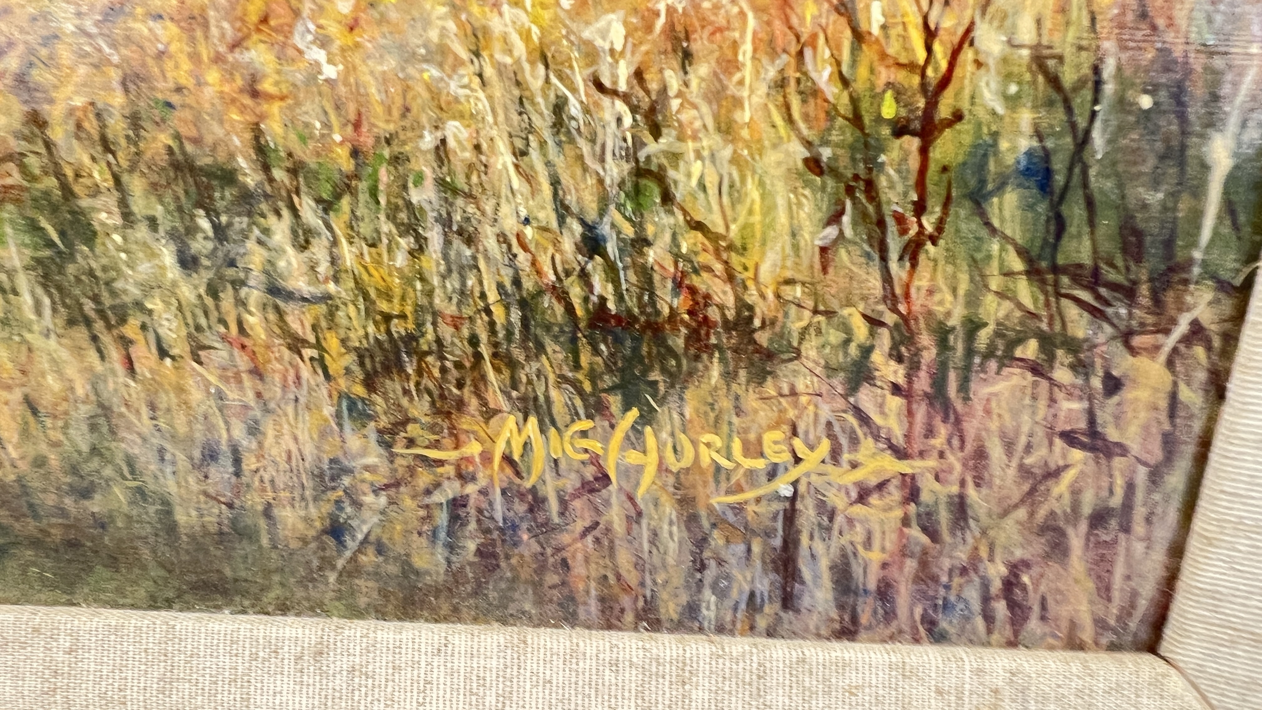 Artwork by Mig Hurley, AN OIL PAINTING 'NORFOLK PINES' BY MIG HURLEY (INCLUDING FRAME W 62 X H 48CM, Made of OIL PAINTING