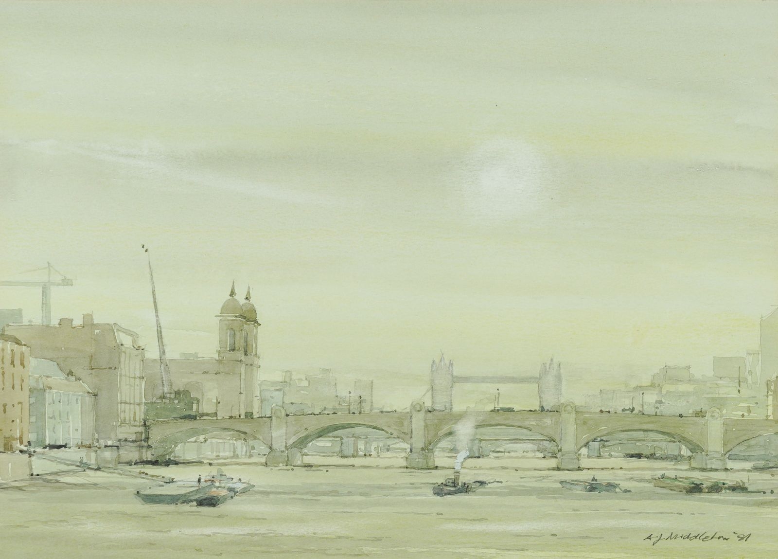 Artwork by Alan James Middleton, Tower Bridge, Made of watercolour heightened with white