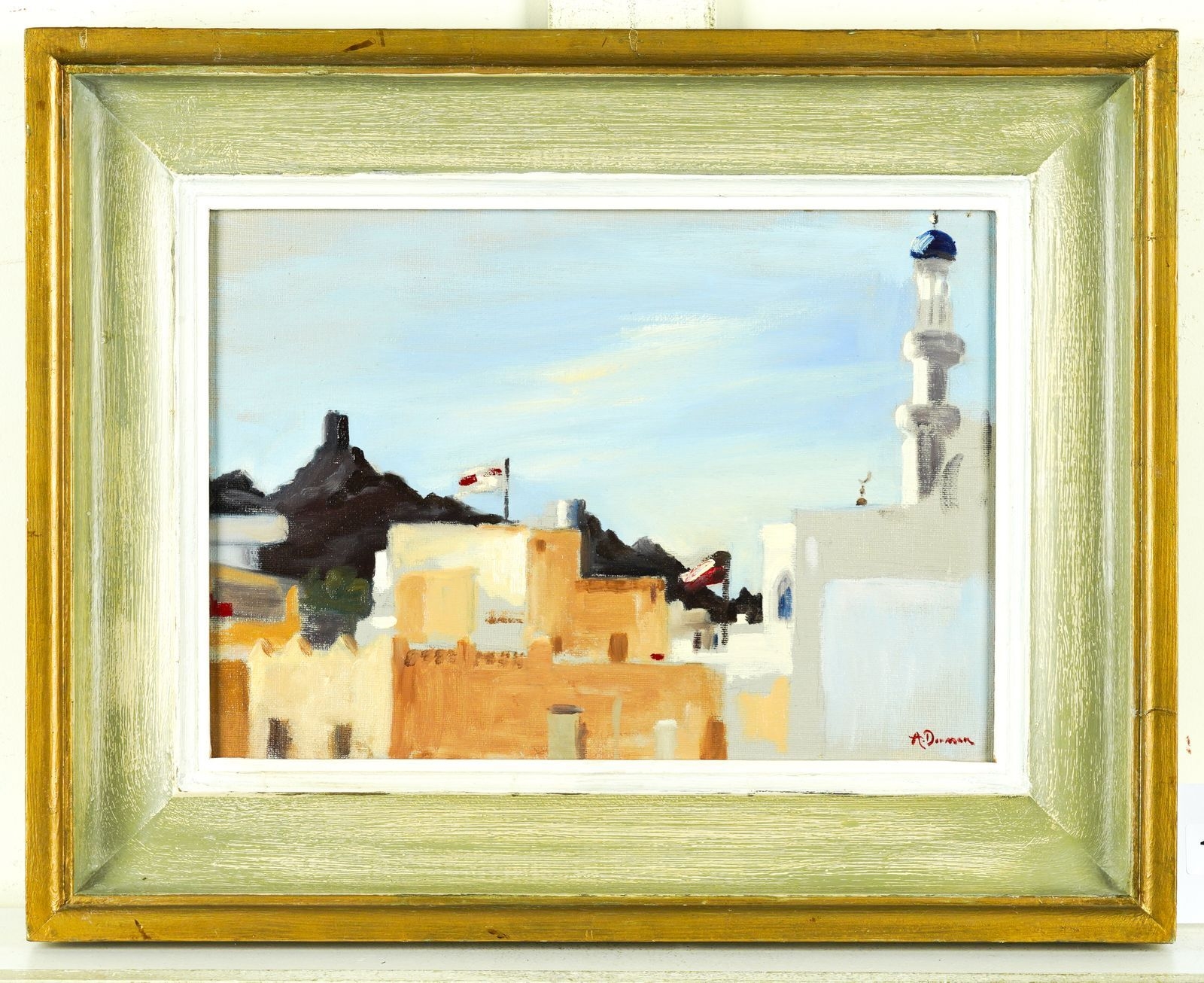 Artwork by Arabella Dorman, Minaret, Flags and Towers, Muscat, Oman, Made of oil on canvas-board