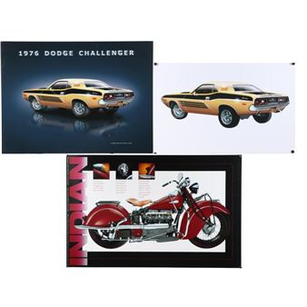 Vehicle posters, 3pc: Indian Motorcycle, two 1976 Dodge Challenger prints - Gene William Bacha