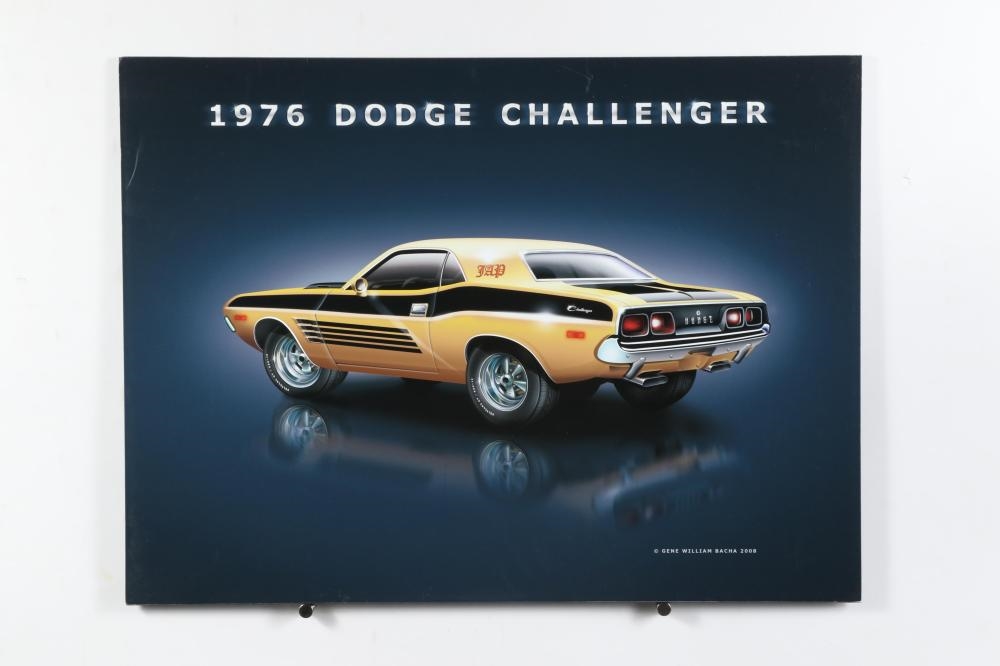 Artwork by Gene William Bacha, Vehicle posters, 3pc: Indian Motorcycle, two 1976 Dodge Challenger prints, Made of prints