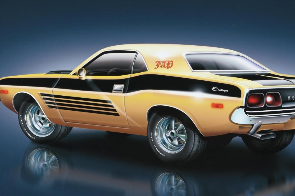 Artwork by Gene William Bacha, Vehicle posters, 3pc: Indian Motorcycle, two 1976 Dodge Challenger prints, Made of prints