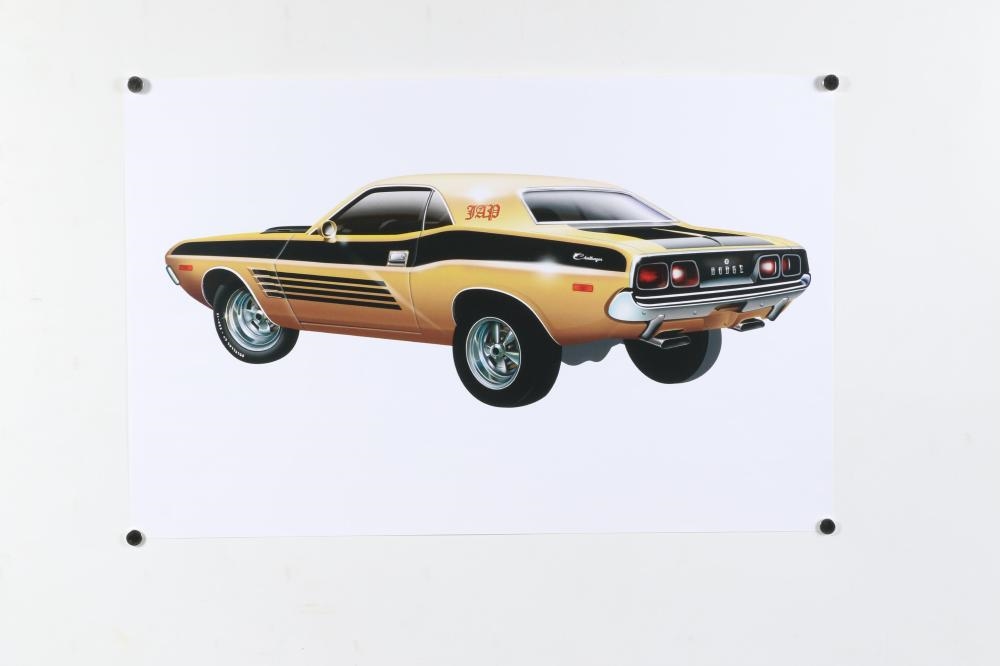 Artwork by Gene William Bacha, Vehicle posters, 3pc: Indian Motorcycle, two 1976 Dodge Challenger prints, Made of prints