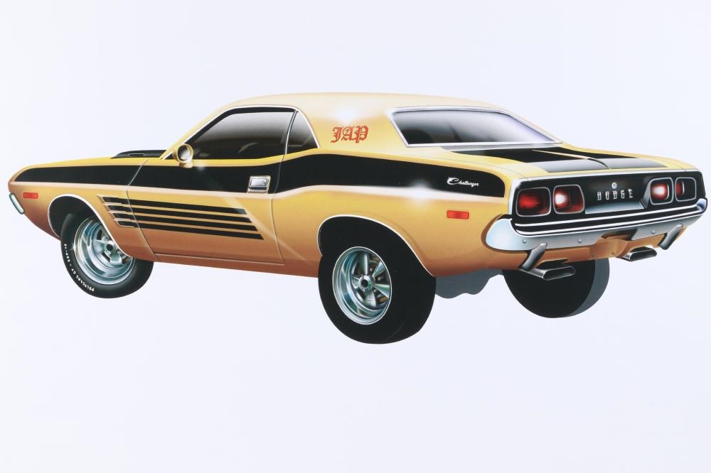 Artwork by Gene William Bacha, Vehicle posters, 3pc: Indian Motorcycle, two 1976 Dodge Challenger prints, Made of prints