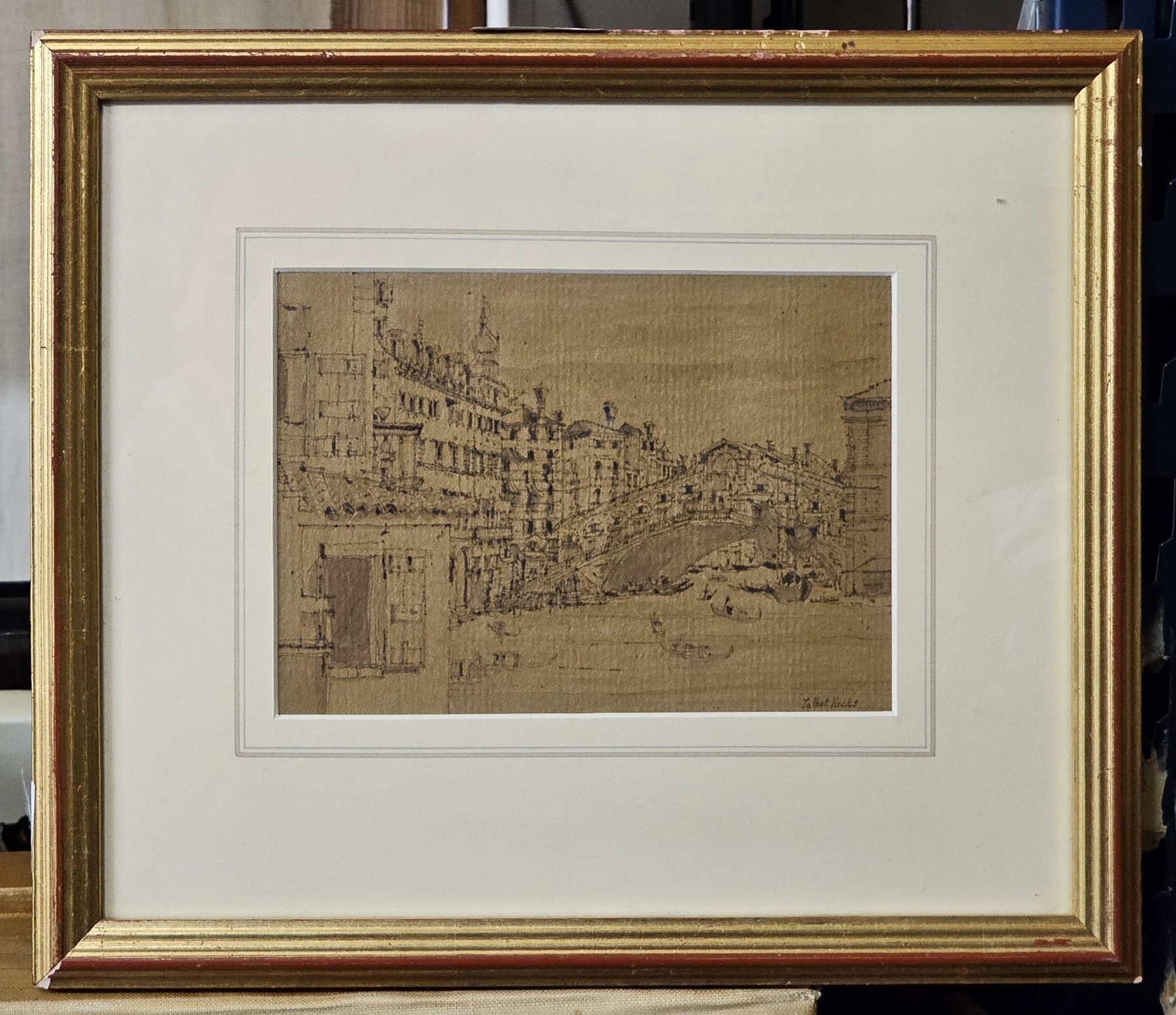 Artwork by John Talbot Hicks, Rialto Bridge, Venice, Made of Pen and ink