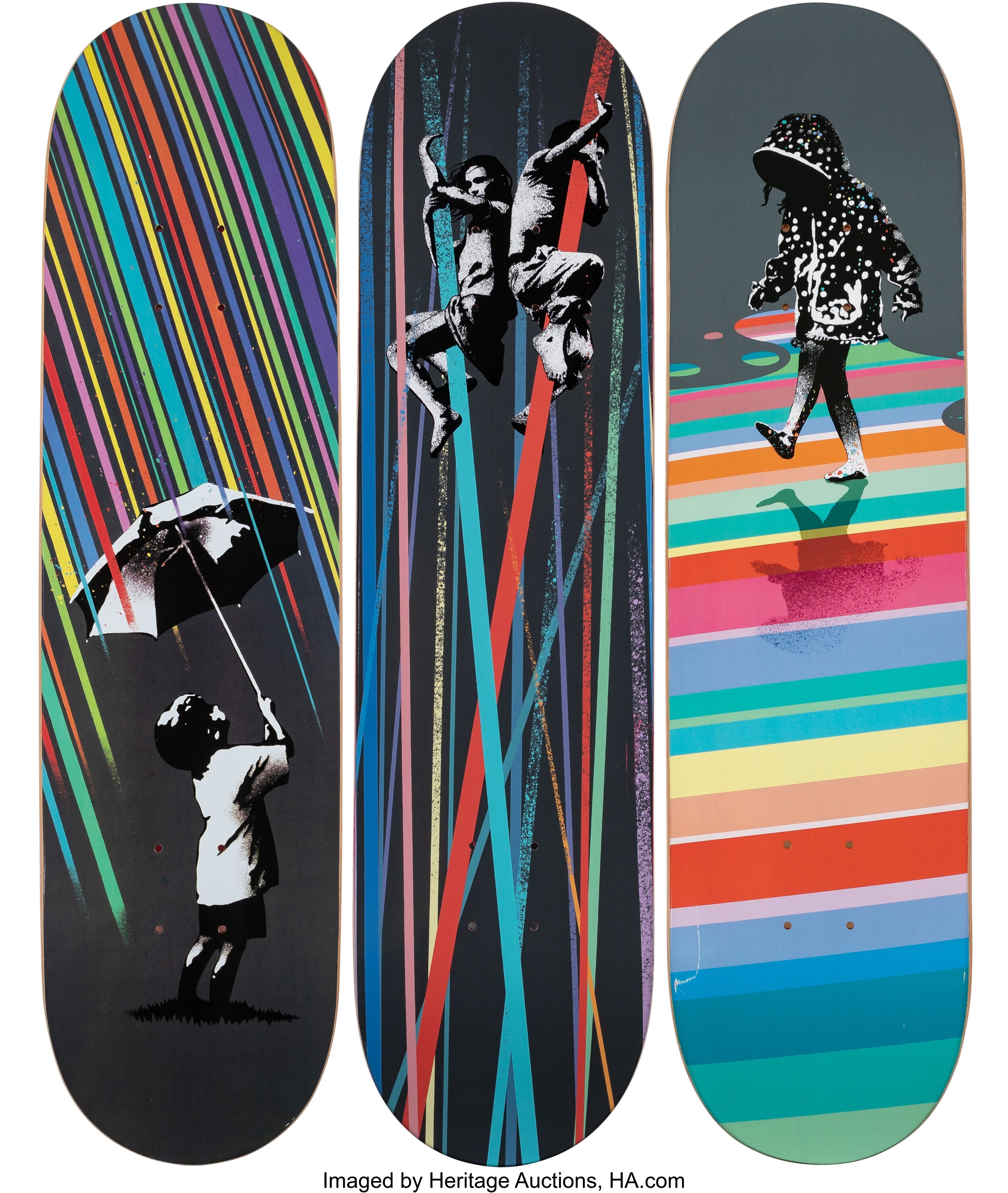 Artwork by Eelus, After The Rain; Where They'll Never Find Us; Not Everything Is So Black And White (triptych), Made of Offset lithographs in colors on skate deck