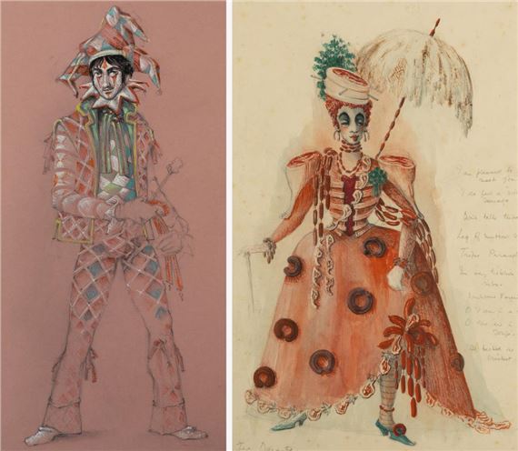 ** Costume Designs for Madame Tea Durante and Jester by Loudon Sainthill
