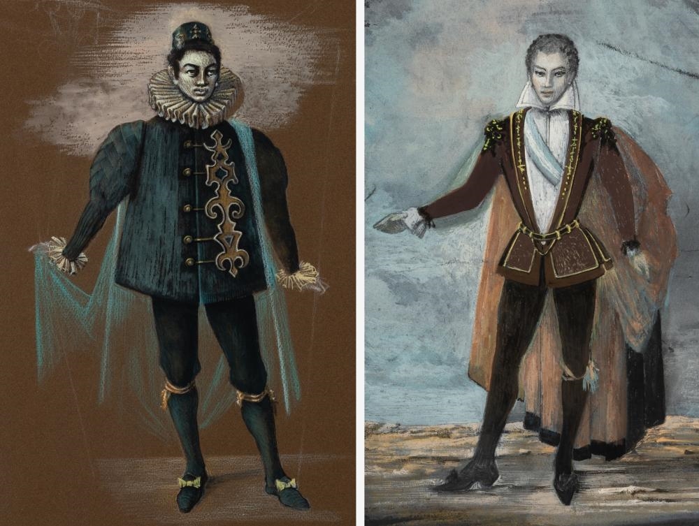 Artwork by Loudon Sainthill, Costume Designs for Shakespeare, Made of gouache, watercolour and pencil on paper