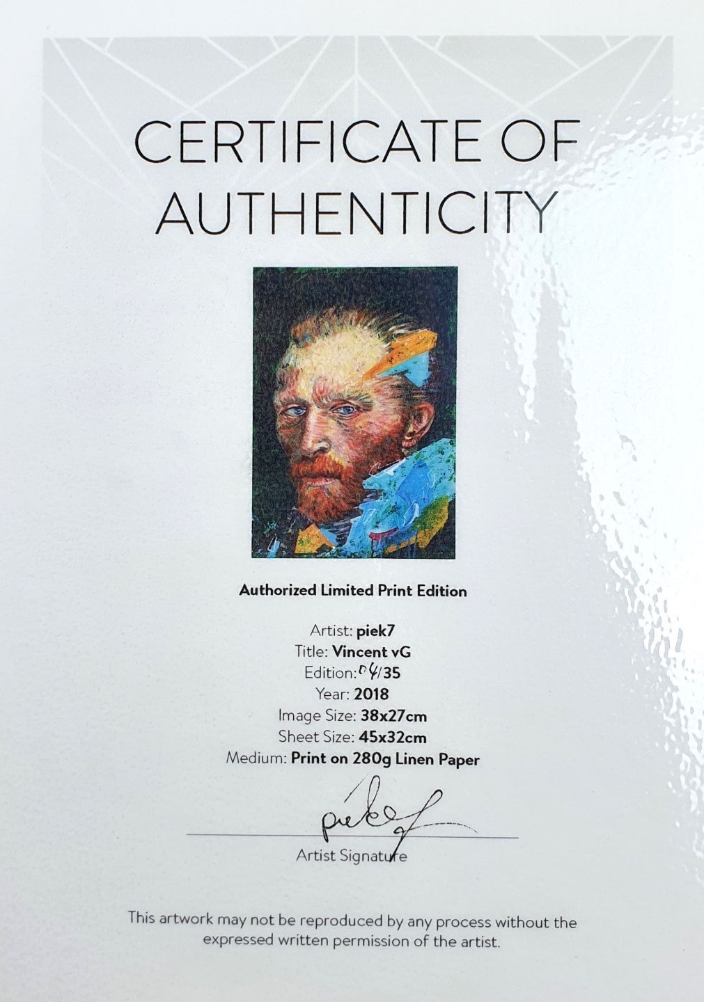 Artwork by Piek7, PIEK7 (Pierre Zoler) Vincent vG, Made of print on linen paper