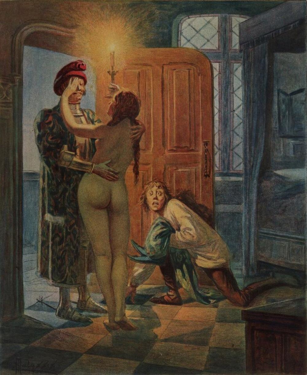 Artwork by Edmond Malassis, The Sneaky Wife, Made of Vintage color engraving on Velin paper