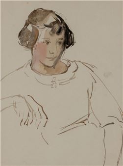 A sketch of a seated figure with short dark hair and a light-colored top.