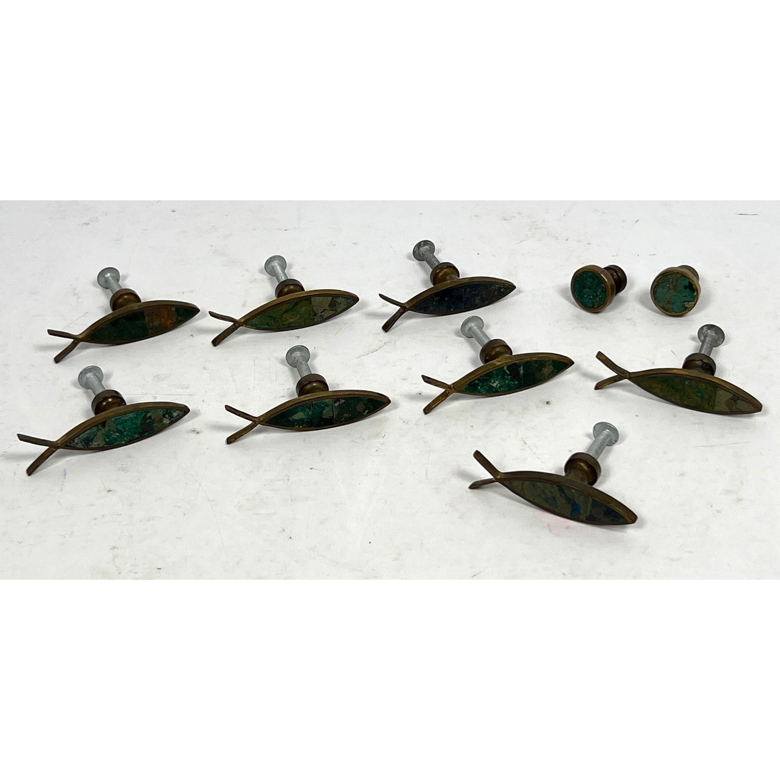 Artwork by Los Castillo, 10pc LOS CASTILLO Inlaid Brass Drawer Pulls Handles, Made of Brass