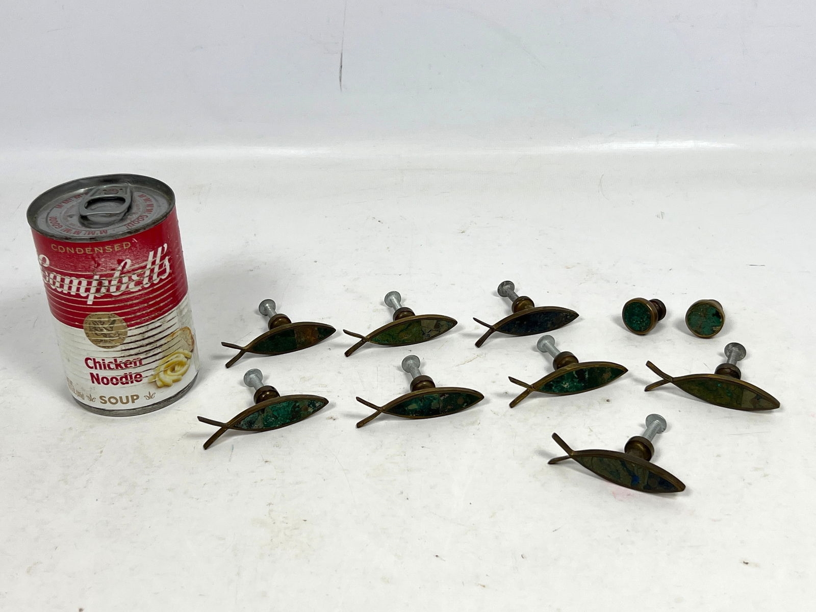 Artwork by Los Castillo, 10pc LOS CASTILLO Inlaid Brass Drawer Pulls Handles, Made of Brass