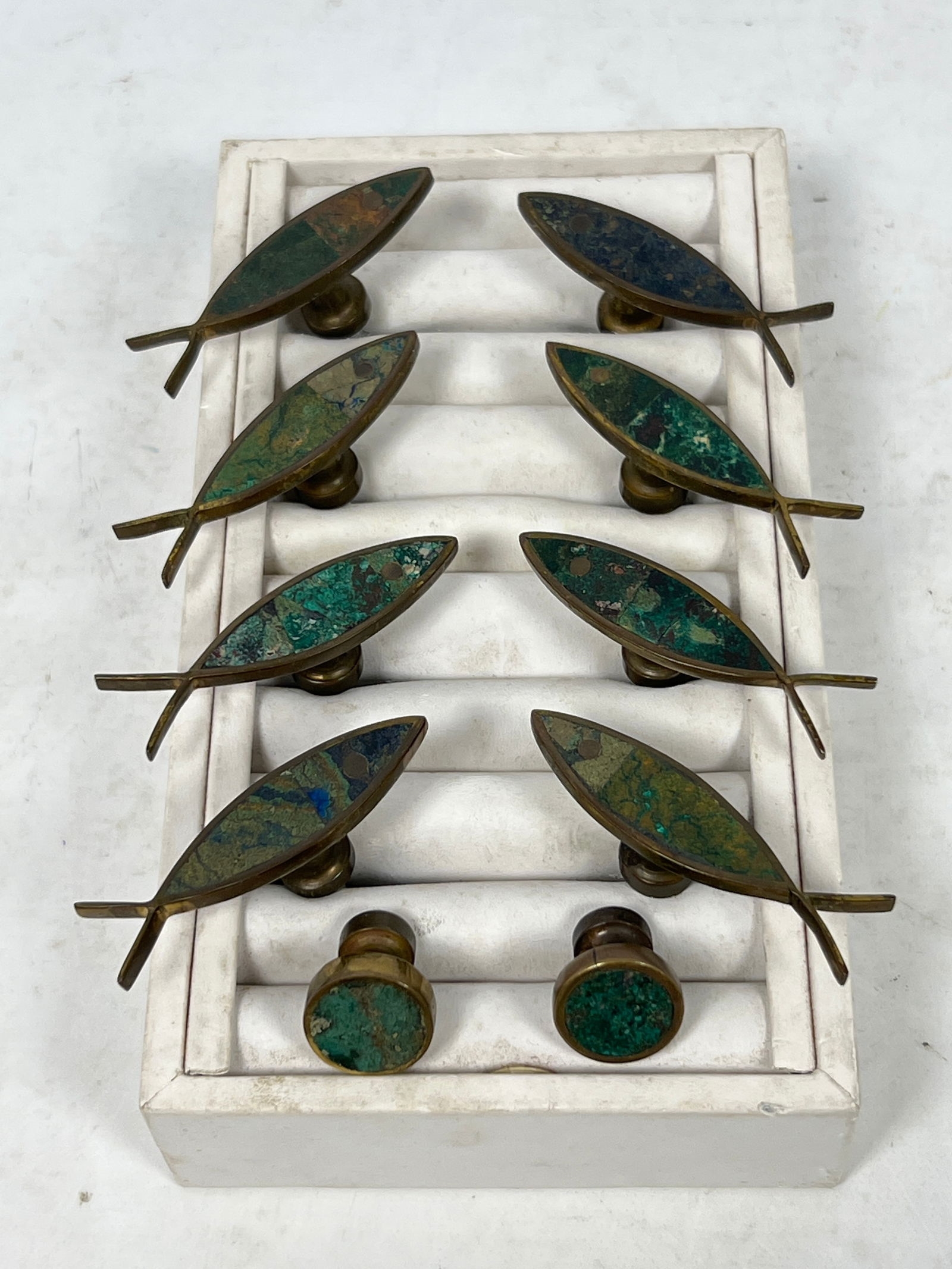 Artwork by Los Castillo, 10pc LOS CASTILLO Inlaid Brass Drawer Pulls Handles, Made of Brass