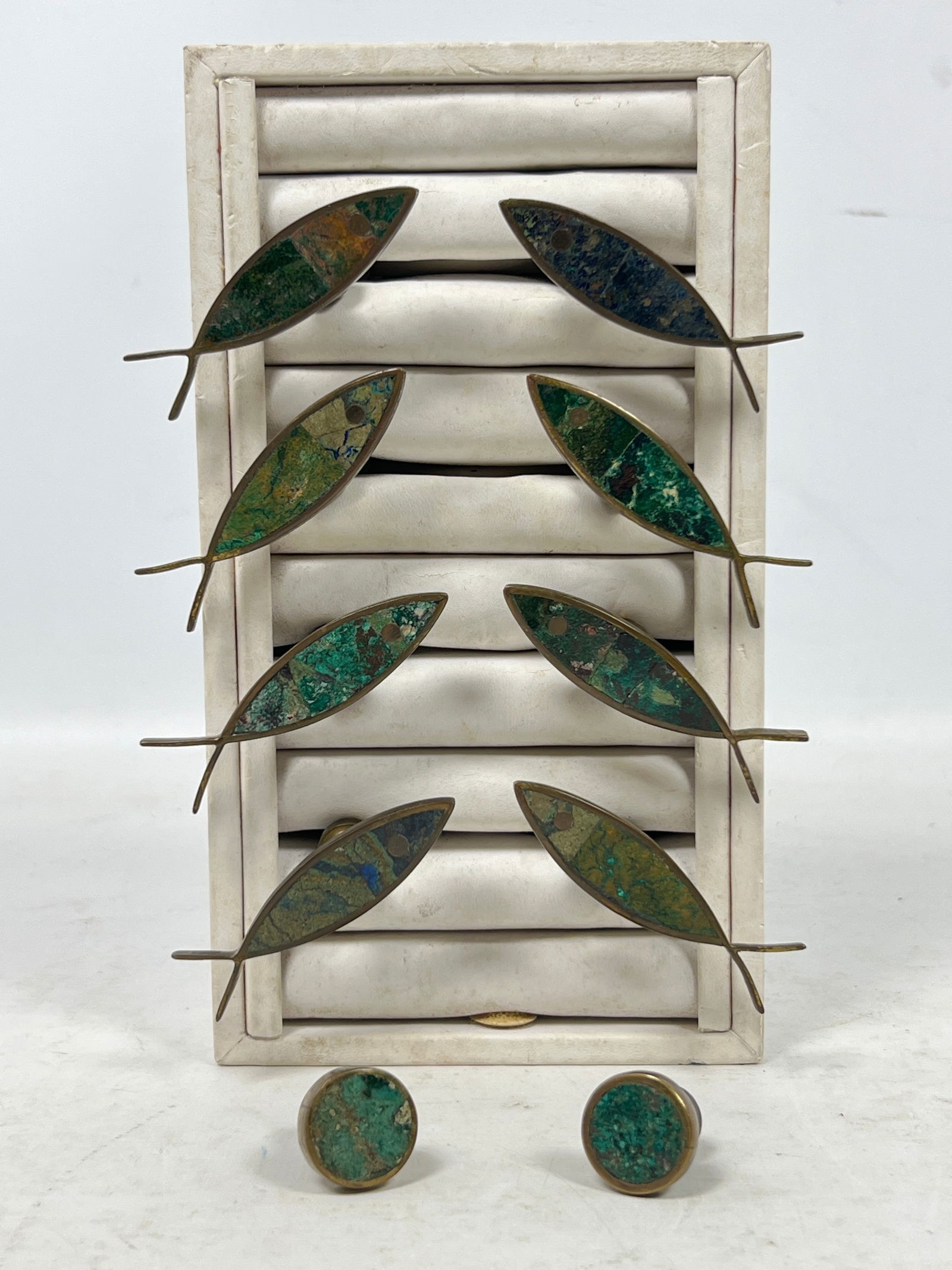 Artwork by Los Castillo, 10pc LOS CASTILLO Inlaid Brass Drawer Pulls Handles, Made of Brass