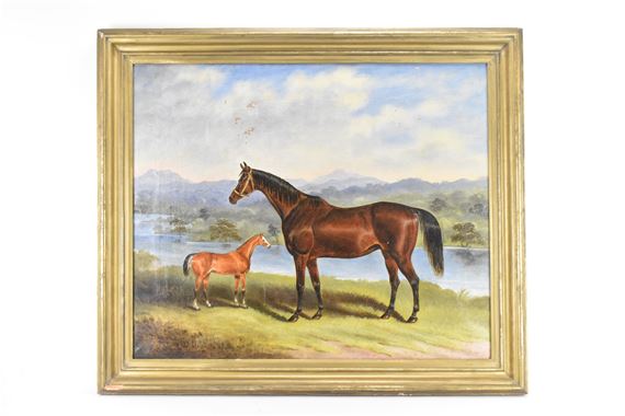 An oil on canvas depicting a mare and foal in a landscape - Samuel Spode