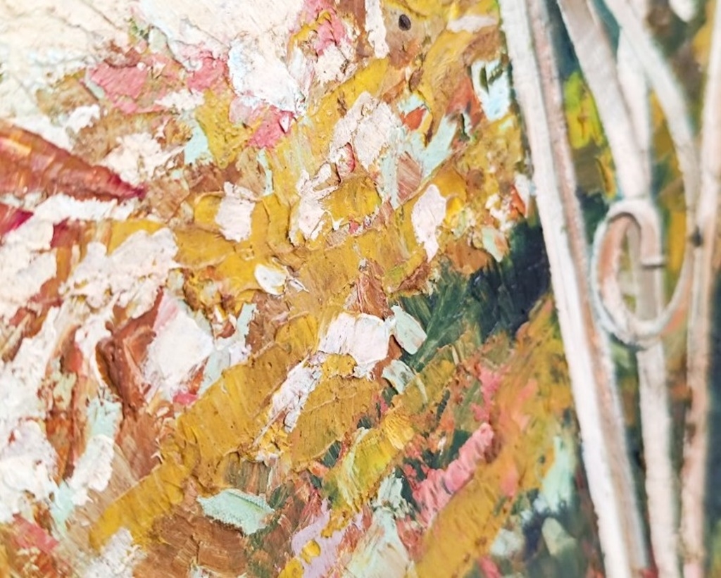 Artwork by Liz Gray, BEAUTIFUL CARVED GILT FRAMED OIL PAINTING OF A VICTORIAN LADY STANDING AGAINST A BALUSTER IN A GARDEN WITH A CAT, Made of Oil painting