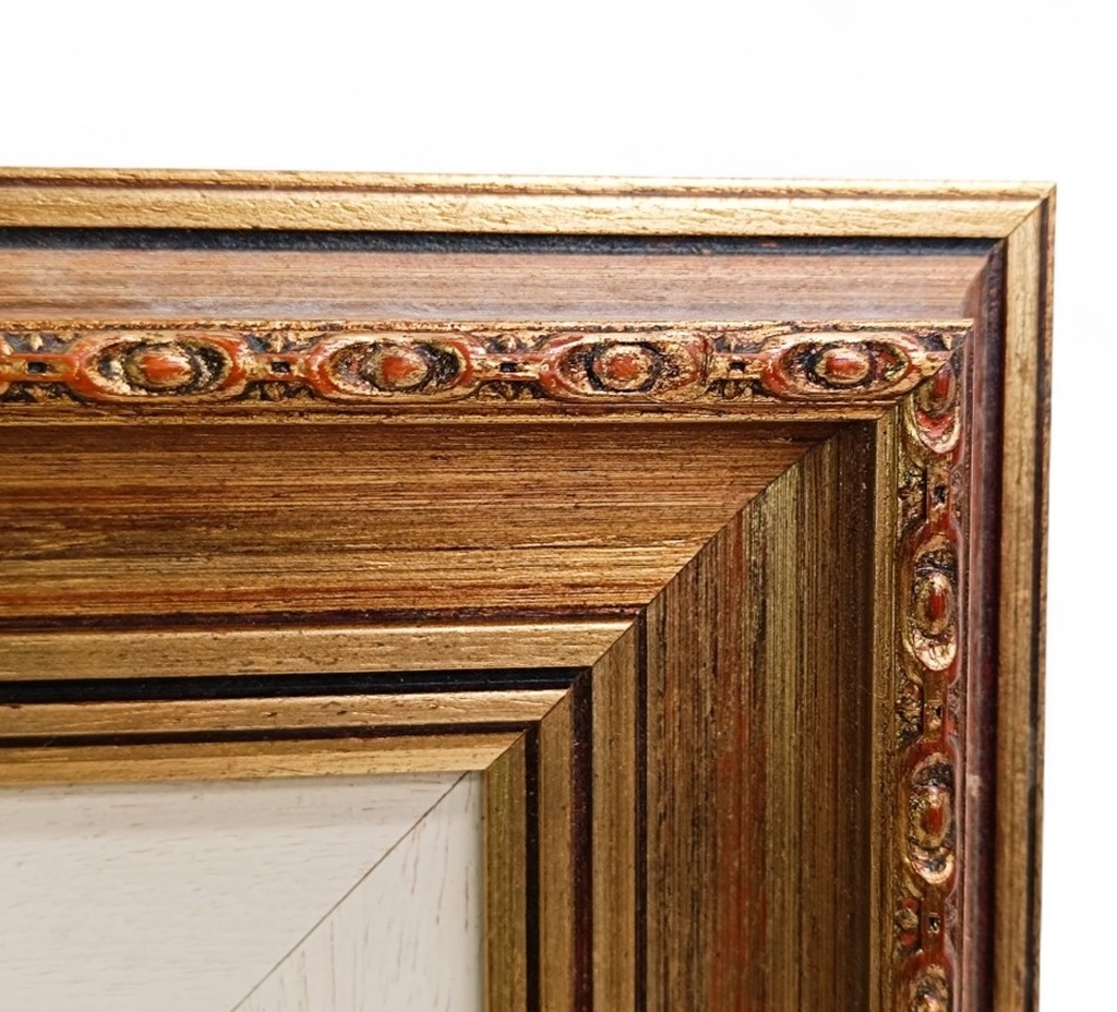 Artwork by Liz Gray, BEAUTIFUL CARVED GILT FRAMED OIL PAINTING OF A VICTORIAN LADY STANDING AGAINST A BALUSTER IN A GARDEN WITH A CAT, Made of Oil painting