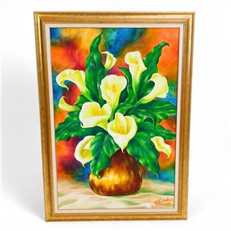CARVED GILT FRAMED STILL LIFE OF ARUM LILIES IN A VASE - W. Koch
