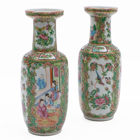 Pair of Chinese Export Rose Medallion Porcelain Baluster Vases by Chinese School