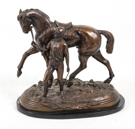 Edgar Bertram | Bronze figure sculpture of jockey standing beside ...