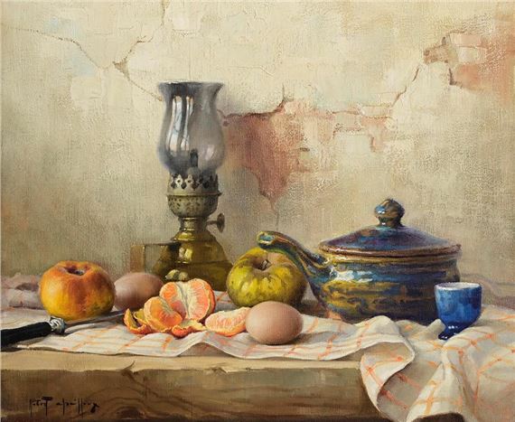 Still Life With Fruit, Lamp and Pot