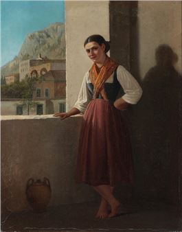 An Italian woman standing on a balcony with a mountain village in the distance - Carl Balsgaard