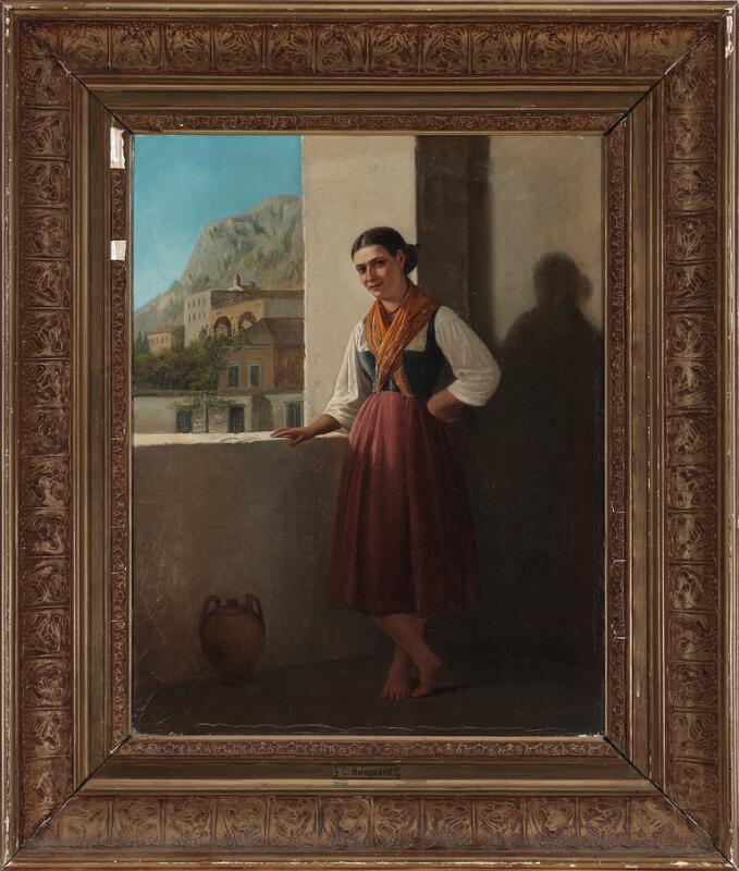 Artwork by Carl Balsgaard, An Italian woman standing on a balcony with a mountain village in the distance, Made of Oil on canvas laid on canvas