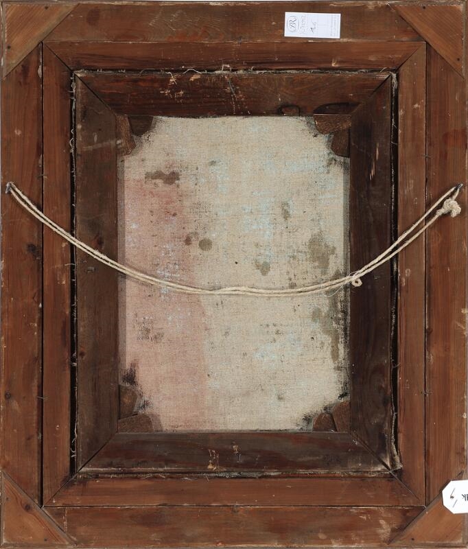 Artwork by Carl Balsgaard, An Italian woman standing on a balcony with a mountain village in the distance, Made of Oil on canvas laid on canvas