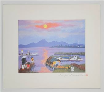 Taiji Harada 風景画 　夕日の湖　版画 額付 s Taiji Harada 風景画 夕日の湖 版画 額付 s