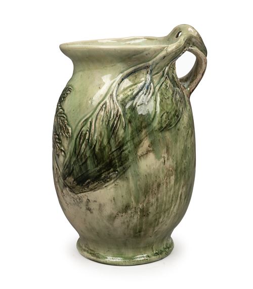 Vase with wind swept tree branch handle and applied tree fern decoration - Merric Boyd