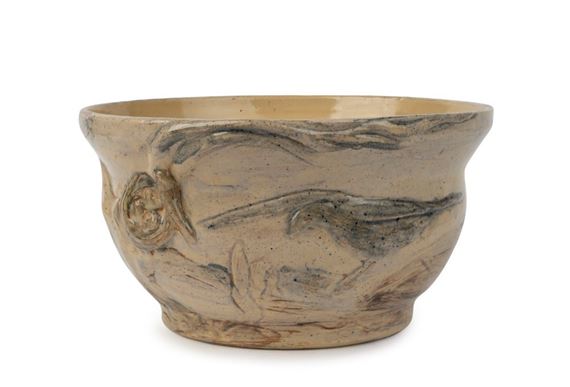 Fruit bowl with hand-painted and applied sgraffito decoration of a farm scene in landscape with birds and nest by Merric Boyd, 1946