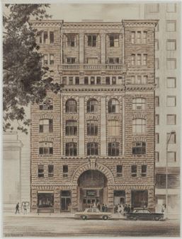 MAX FORBES (1923-1990), Collins House, pencil and watercolour, signed lower left "Max Forbes, '73", 35 x 27cm, 22 x 46cm overall. - Max Forbes