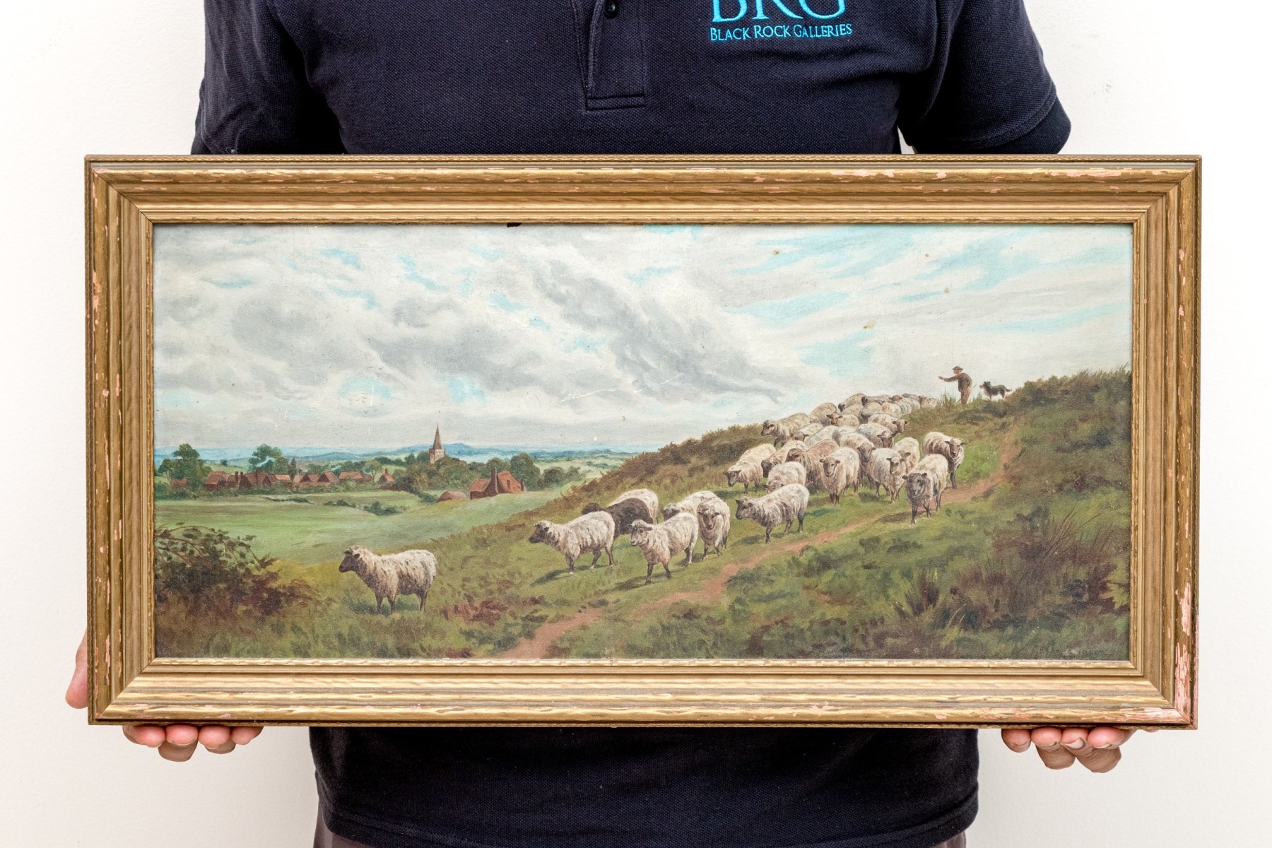 Artwork by Ethel Brinton, Shepherd With Flock In A Field, Made of oil on board