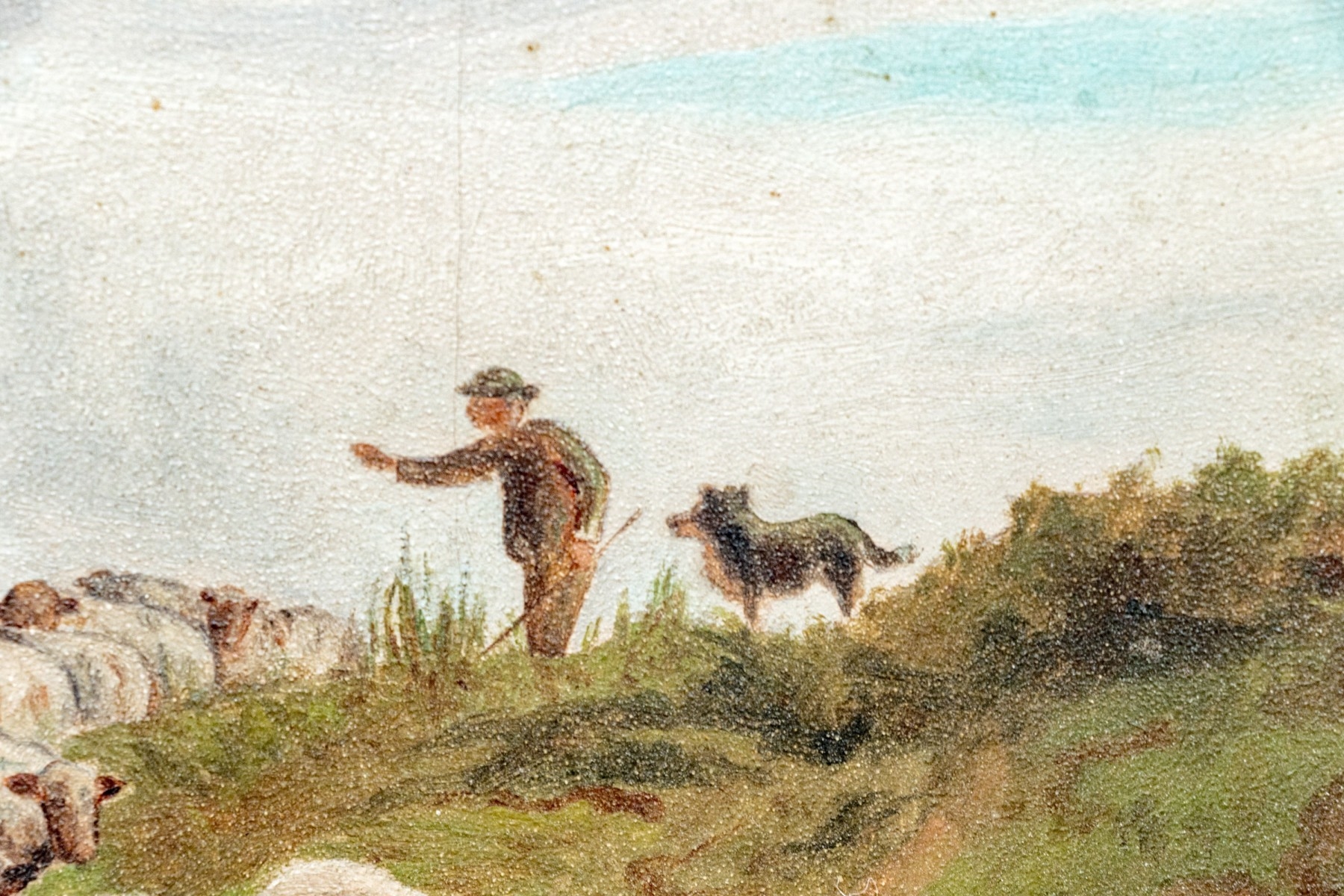 Artwork by Ethel Brinton, Shepherd With Flock In A Field, Made of oil on board