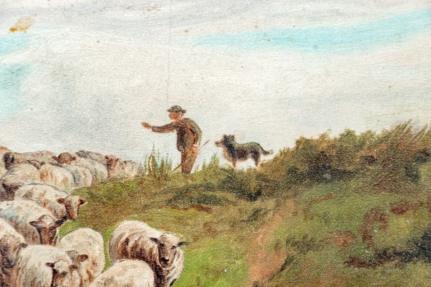 Artwork by Ethel Brinton, Shepherd With Flock In A Field, Made of oil on board