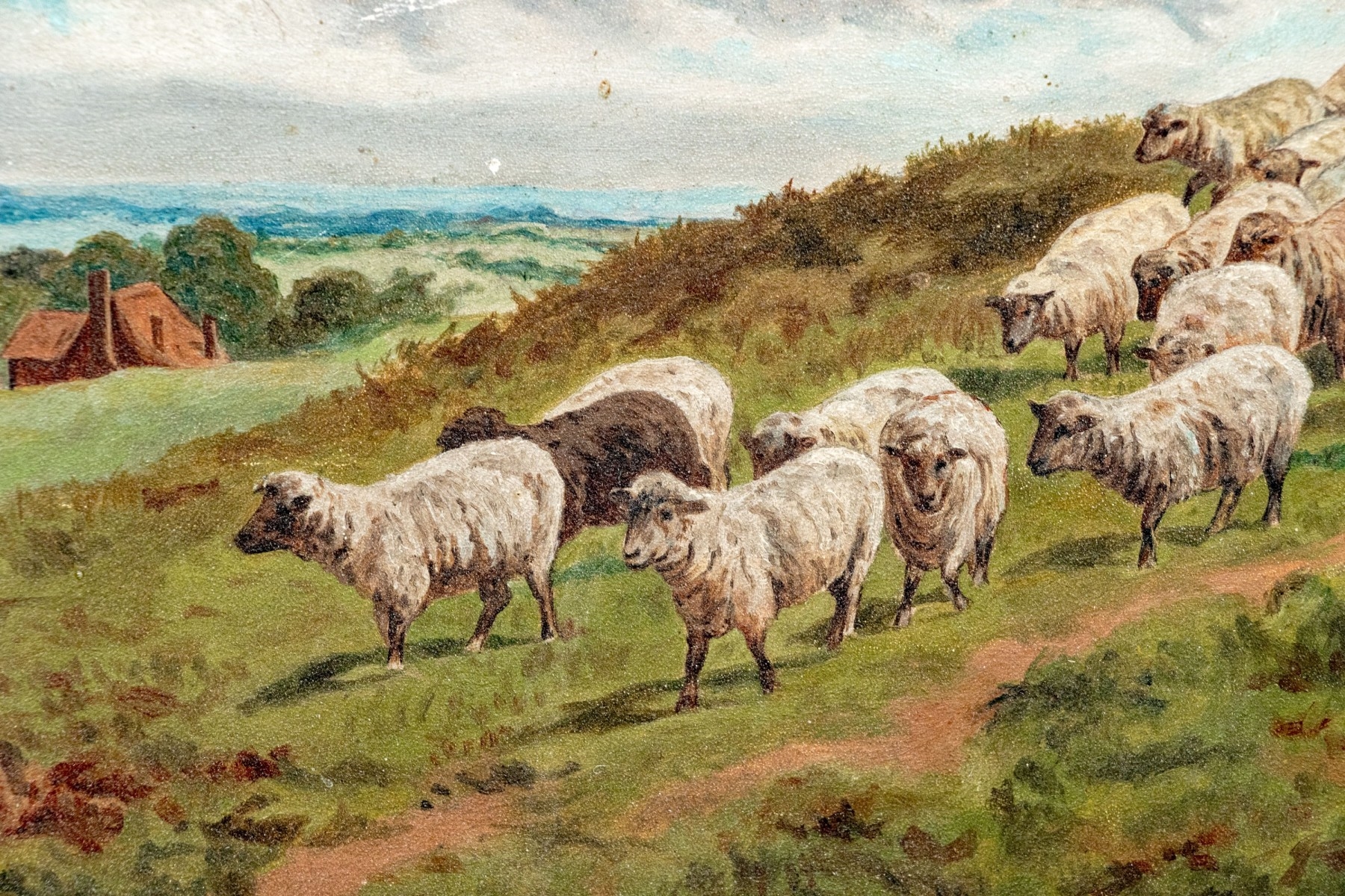 Artwork by Ethel Brinton, Shepherd With Flock In A Field, Made of oil on board
